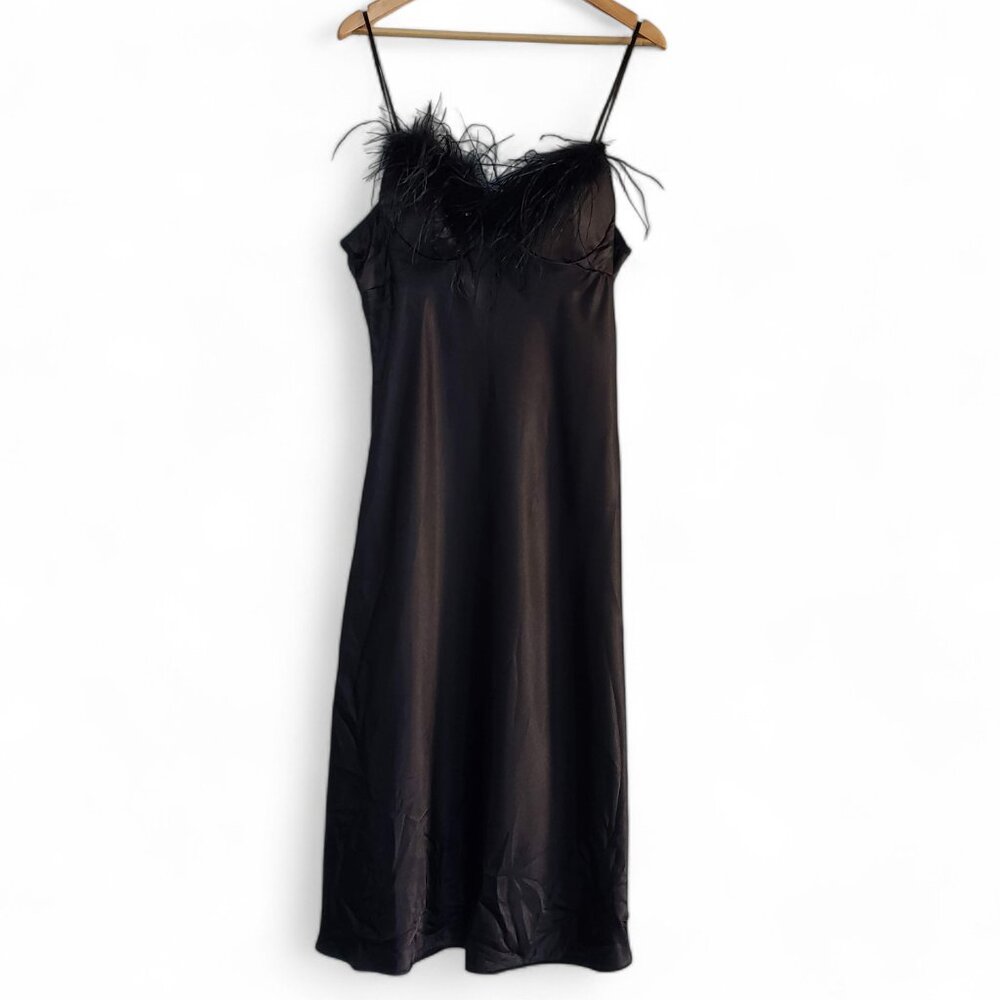 Moviestar Black Feather Trim Satin Slip Dress Women's Evening Night Out Retro XL